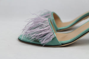 Fragiacomo sandali in seta verdi acqua e fascia marabù - N. 40 -  lesleyluxuryvintage