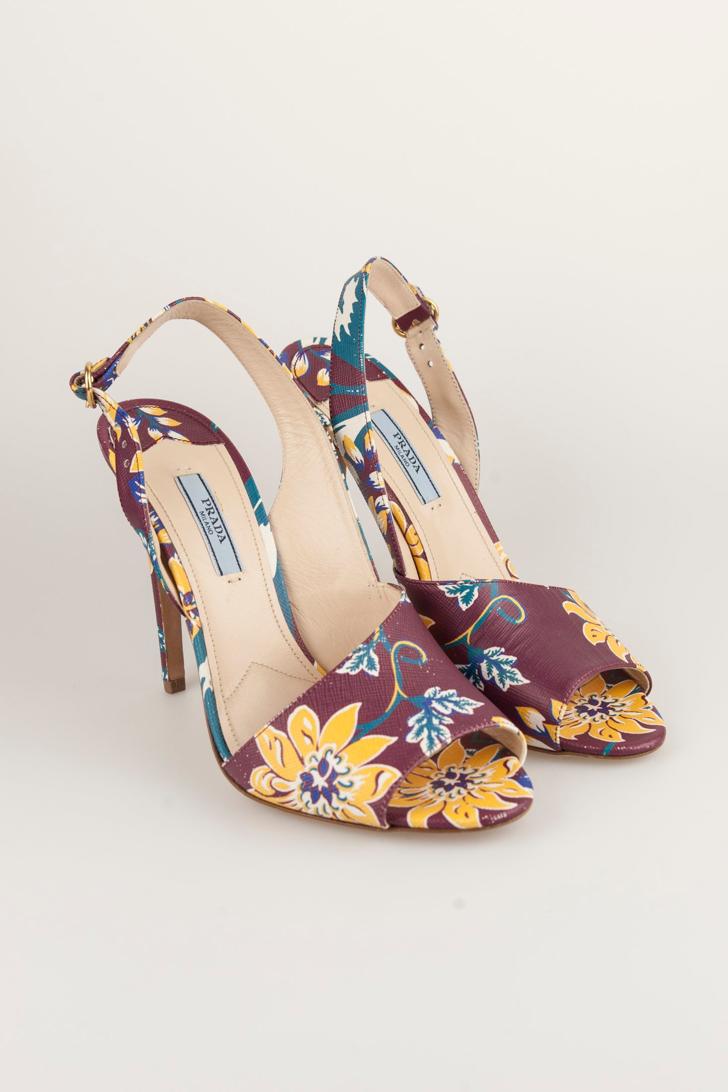 Prada Sandali in tessuto bordeaux con fantasia fiori - N. 39