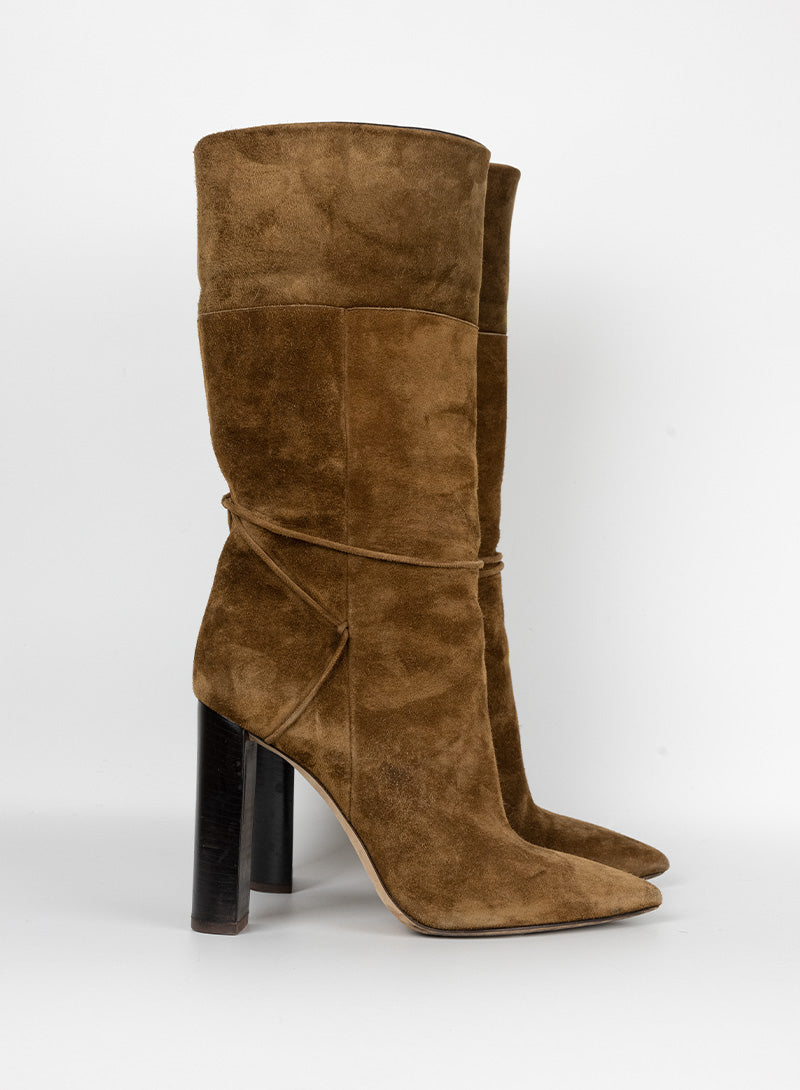 Saint Laurent Stivali in suede cognac con tacco - N. 37