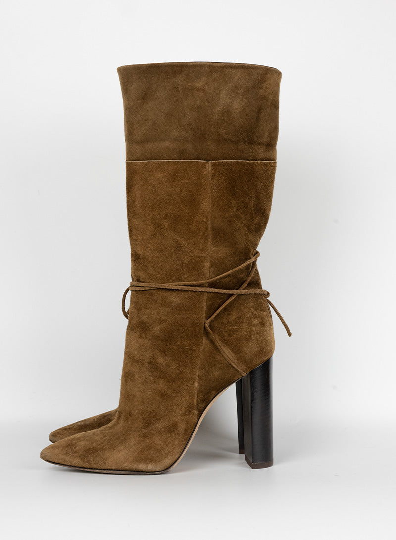 Saint Laurent Stivali in suede cognac con tacco - N. 37